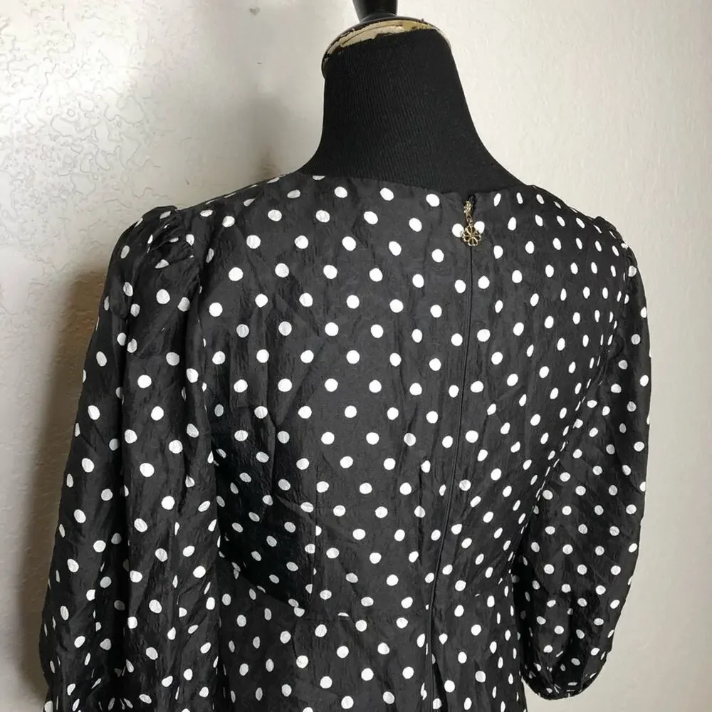Kate Spade black white polka dot silk blend v neck top size 8